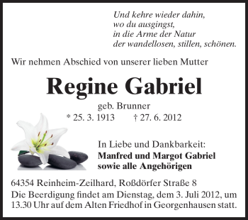 Traueranzeige von Regine Gabriel von Echo-Zeitungen (Gesamtausgabe)
