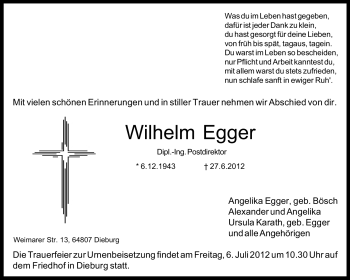 Traueranzeige von Wilhelm Egger von Echo-Zeitungen (Gesamtausgabe)