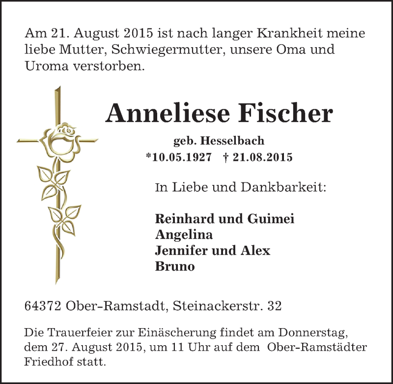  Traueranzeige für Anneliese Fischer vom 25.08.2015 aus trauer.echo-online.de