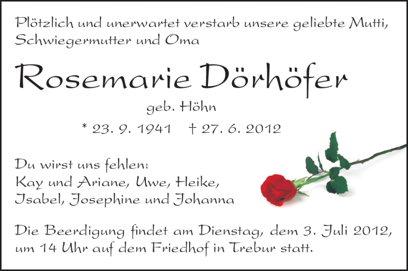  Traueranzeige für Rosemarie Dörhöfer vom 30.06.2012 aus Rüsselsheimer Echo, Groß-Gerauer-Echo, Ried Echo