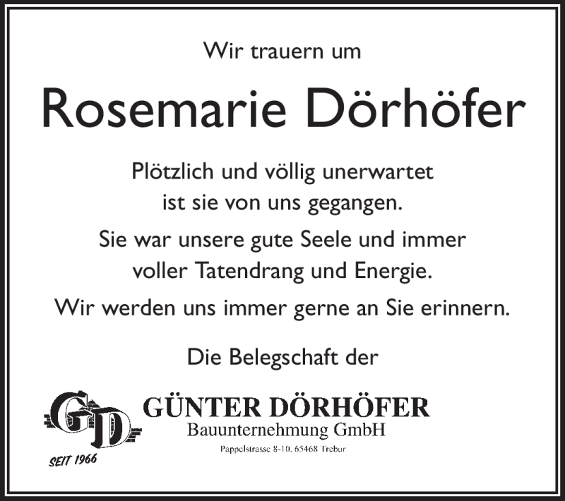  Traueranzeige für Rosemarie Dörhöfer vom 30.06.2012 aus Rüsselsheimer Echo, Groß-Gerauer-Echo, Ried Echo