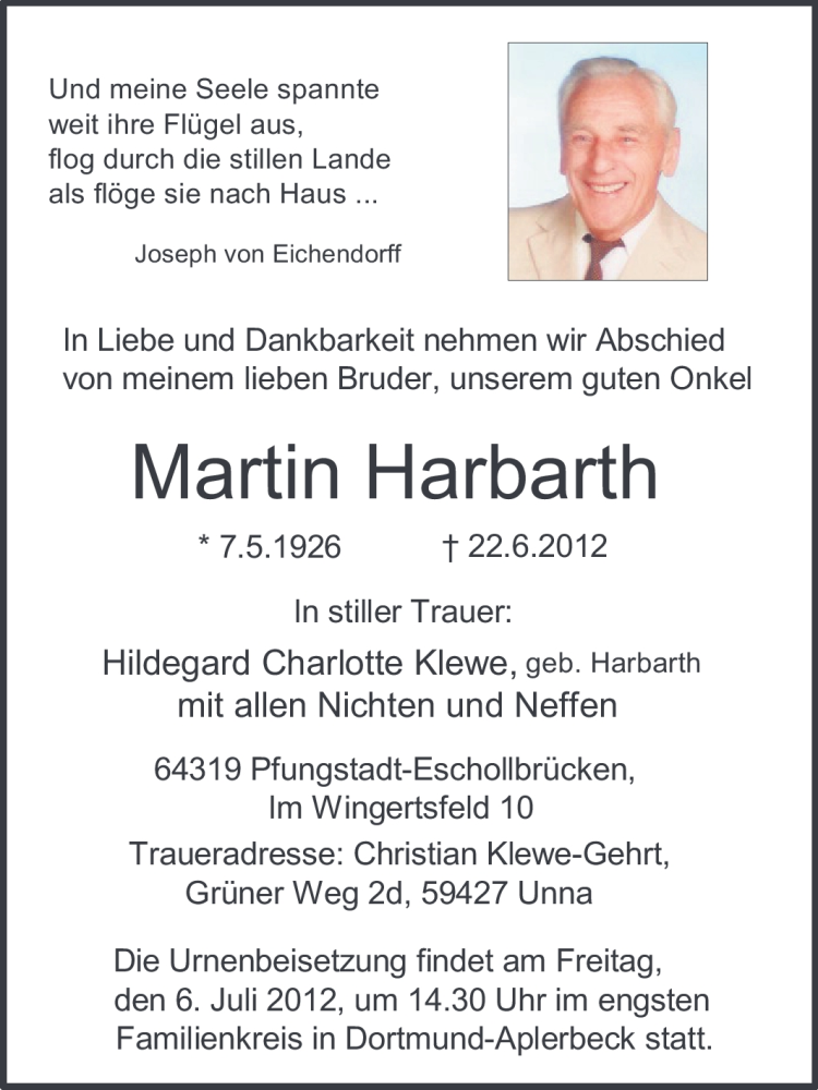  Traueranzeige für Martin Harbarth vom 30.06.2012 aus Echo-Zeitungen (Gesamtausgabe)