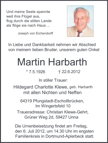 Traueranzeige von Martin Harbarth von Echo-Zeitungen (Gesamtausgabe)