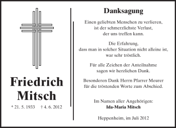 Traueranzeige von Friedrich Mitsch von Starkenburger Echo