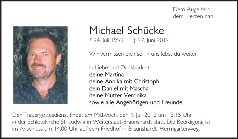  Traueranzeige für Michael Schücke vom 30.06.2012 aus Echo-Zeitungen (Gesamtausgabe)