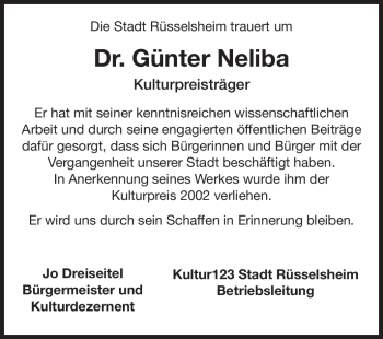 Traueranzeige von Günter Neliba von Rüsselsheimer Echo, Groß-Gerauer-Echo, Ried Echo