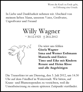 Traueranzeige von Willy Wagner von Echo-Zeitungen (Gesamtausgabe)