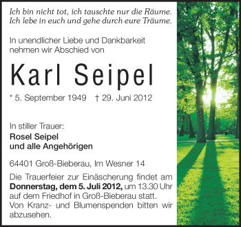 Traueranzeige von Karl Seipel von Echo-Zeitungen (Gesamtausgabe)