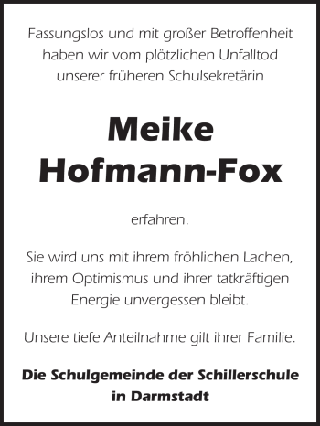Traueranzeige von Meike Hofmann-Fox von Echo-Zeitungen (Gesamtausgabe)