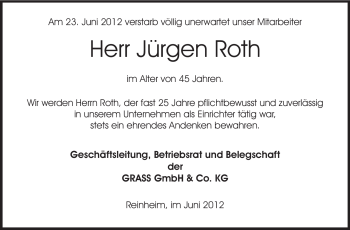 Traueranzeige von Jürgen Roth von Echo-Zeitungen (Gesamtausgabe)