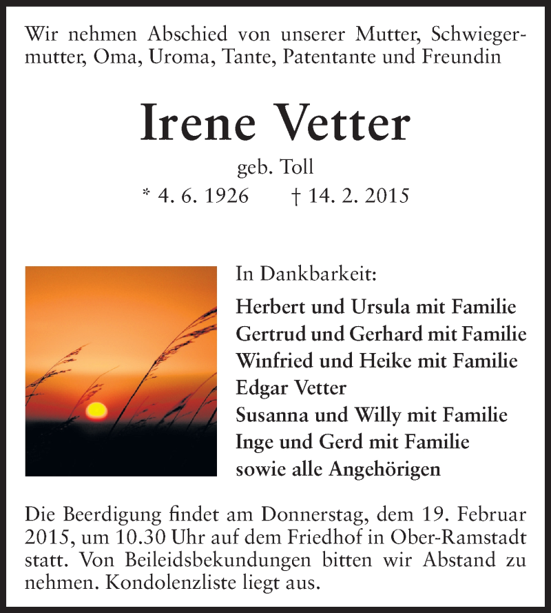  Traueranzeige für Irene Vetter vom 18.02.2015 aus Darmstädter Echo, Odenwälder Echo, Rüsselsheimer Echo, Groß-Gerauer-Echo, Ried Echo