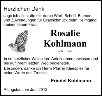 Traueranzeige von Rosalie Kohlmann von Darmstädter Echo, Odenwälder Echo, Rüsselsheimer Echo, Groß-Gerauer-Echo, Ried Echo