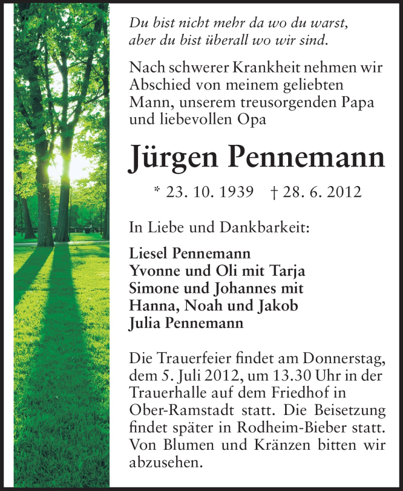 Traueranzeige für Jürgen Pennemann vom 02.07.2012 aus Echo-Zeitungen (Gesamtausgabe)
