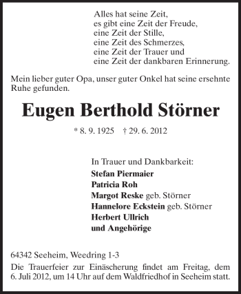 Traueranzeige von Eugen Berthold Störner von Echo-Zeitungen (Gesamtausgabe)