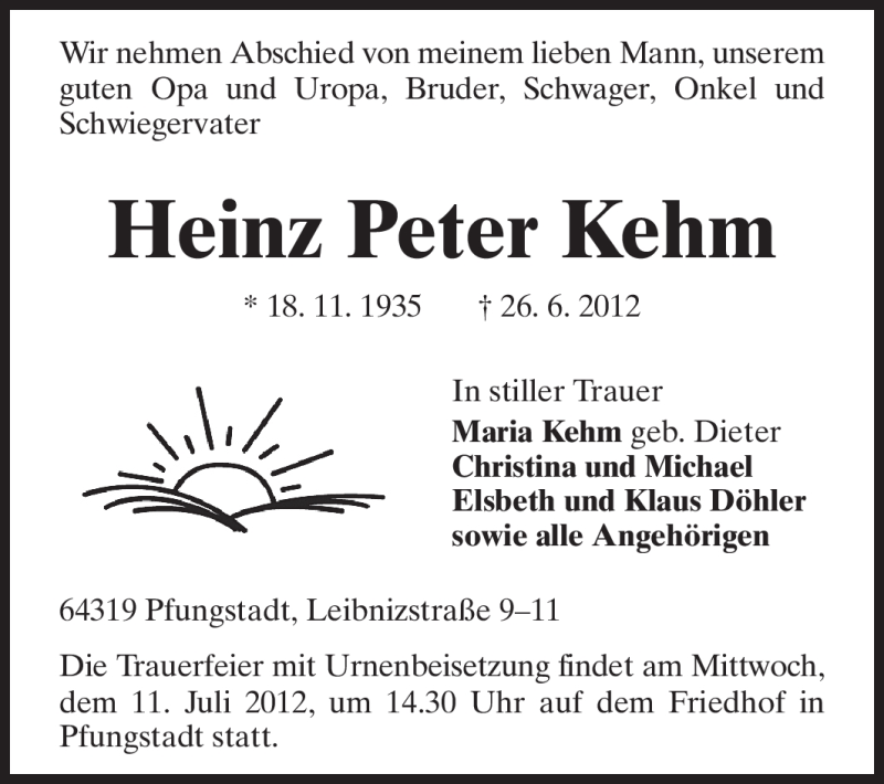  Traueranzeige für Heinz Peter Kehm vom 07.07.2012 aus Echo-Zeitungen (Gesamtausgabe)