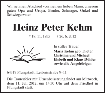 Traueranzeige von Heinz Peter Kehm von Echo-Zeitungen (Gesamtausgabe)