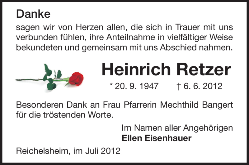  Traueranzeige für Heinrich Retzer vom 07.07.2012 aus Odenwälder Echo