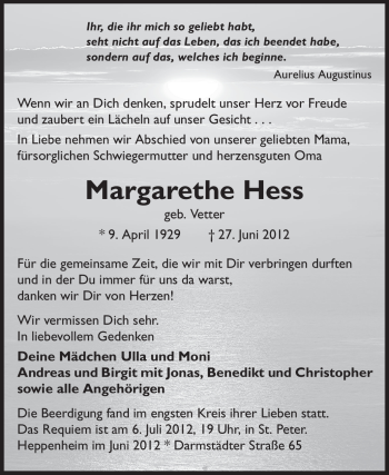 Traueranzeige von Margarethe Hess von Starkenburger Echo