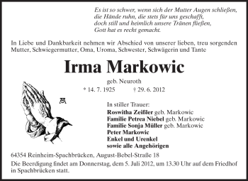 Traueranzeige von Irma Markowic von Darmstädter Echo, Odenwälder Echo, Rüsselsheimer Echo, Groß-Gerauer-Echo, Ried Echo