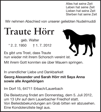 Traueranzeige von Traute Hörr von Odenwälder Echo