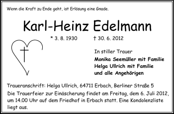 Traueranzeige von Karl-Heinz Edelmann von Odenwälder Echo