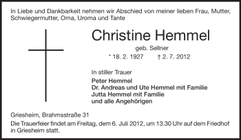 Traueranzeige von Christine Hemmel von Darmstädter Echo, Odenwälder Echo, Rüsselsheimer Echo, Groß-Gerauer-Echo, Ried Echo