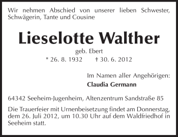 Traueranzeige von Lieselotte Walther von Echo-Zeitungen (Gesamtausgabe)