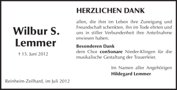 Traueranzeige von Wilbur Lemmer von Echo-Zeitungen (Gesamtausgabe)