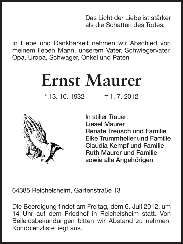  Traueranzeige für Ernst Maurer vom 04.07.2012 aus Odenwälder Echo