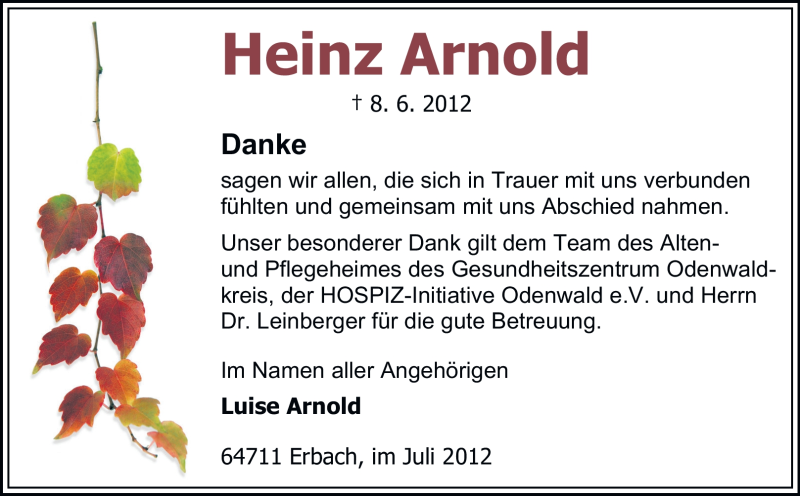  Traueranzeige für Heinz Arnold vom 07.07.2012 aus Odenwälder Echo