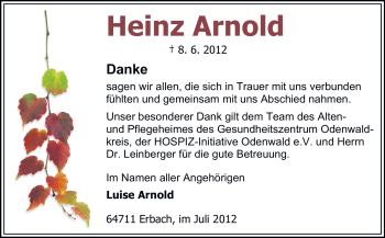 Traueranzeige von Heinz Arnold von Odenwälder Echo