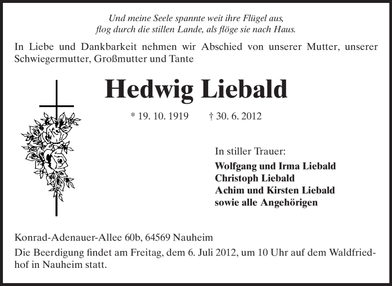  Traueranzeige für Hedwig Liebald vom 04.07.2012 aus Rüsselsheimer Echo, Groß-Gerauer-Echo, Ried Echo