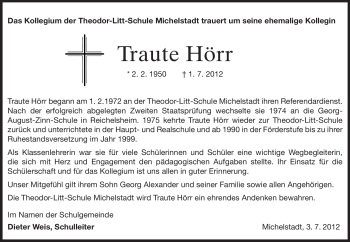 Traueranzeige von Traute Hörr von Odenwälder Echo