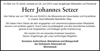 Traueranzeige von Johannes Setzer von Odenwälder Echo