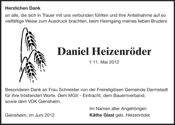 Traueranzeige von Daniel Heizenröder von Rüsselsheimer Echo, Groß-Gerauer-Echo, Ried Echo