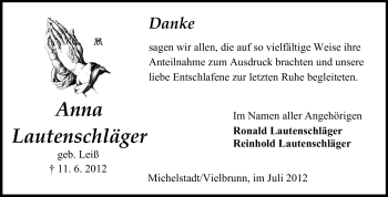 Traueranzeige von Anna Lautenschläger von Odenwälder Echo