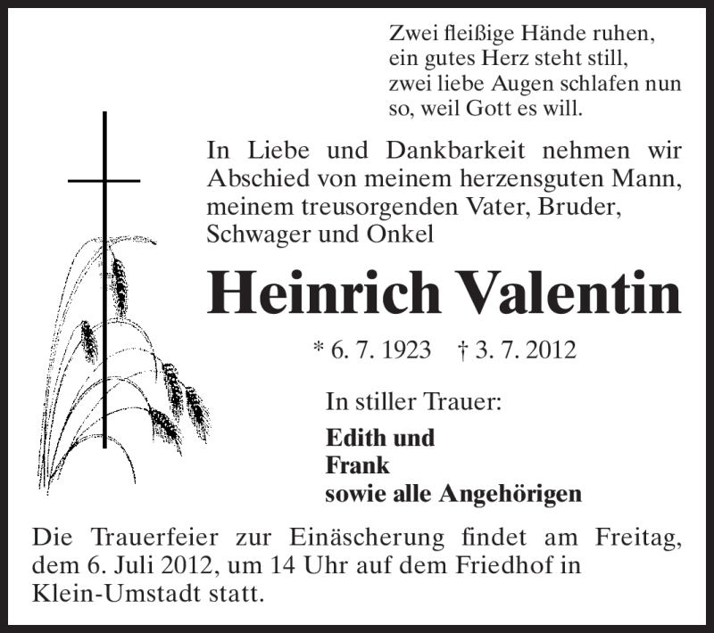  Traueranzeige für Heinrich Valentin vom 05.07.2012 aus Echo-Zeitungen (Gesamtausgabe)