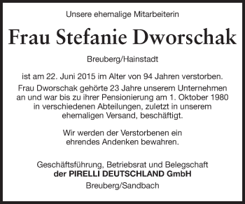 Traueranzeige von Stefanie Dworschak von Odenwälder Echo
