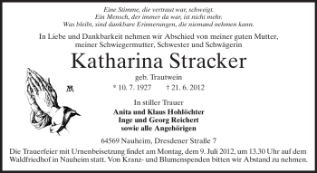 Traueranzeige von Katharina Stracker von Rüsselsheimer Echo, Groß-Gerauer-Echo, Ried Echo