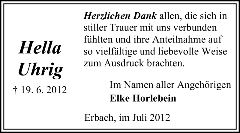  Traueranzeige für Hella Uhrig vom 07.07.2012 aus Odenwälder Echo