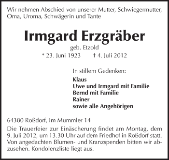 Traueranzeige von Irmgard Erzgräber von Darmstädter Echo, Odenwälder Echo, Rüsselsheimer Echo, Groß-Gerauer-Echo, Ried Echo