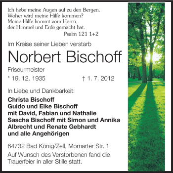 Traueranzeige von Norbert Bischoff von Odenwälder Echo