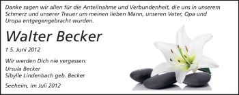 Traueranzeige von Walter Becker von Echo-Zeitungen (Gesamtausgabe)