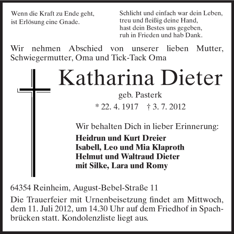  Traueranzeige für Katharina Dieter  vom 09.07.2012 aus Echo-Zeitungen (Gesamtausgabe)