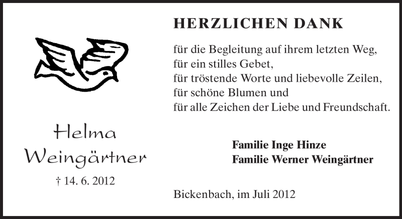  Traueranzeige für Helma Weingärtner vom 07.07.2012 aus Echo-Zeitungen (Gesamtausgabe)