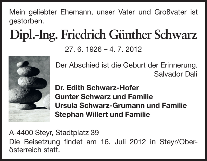  Traueranzeige für Friedrich Günther Schwarz vom 07.07.2012 aus Echo-Zeitungen (Gesamtausgabe)