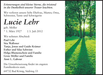 Traueranzeige von Lucie Lehr von Odenwälder Echo