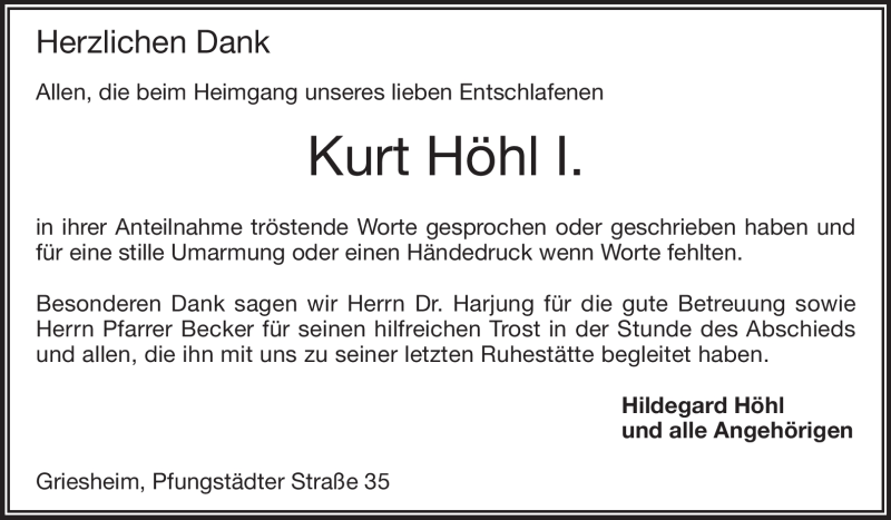  Traueranzeige für Kurt Höhl vom 07.07.2012 aus Darmstädter Echo, Odenwälder Echo, Rüsselsheimer Echo, Groß-Gerauer-Echo, Ried Echo