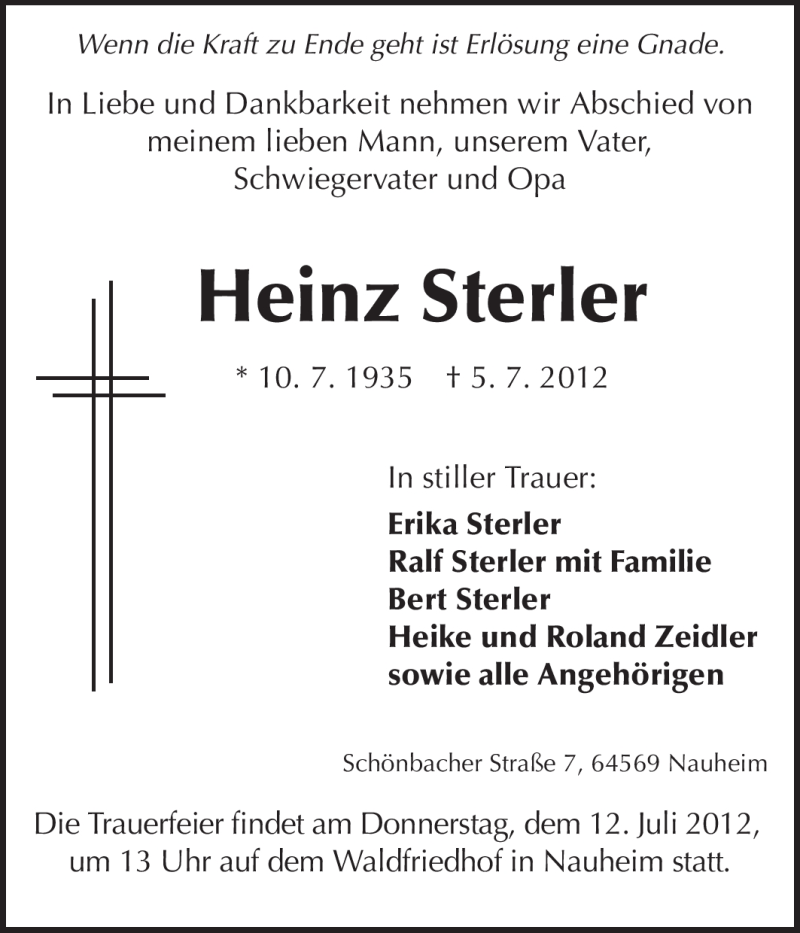  Traueranzeige für Heinz Sterler vom 07.07.2012 aus Rüsselsheimer Echo, Groß-Gerauer-Echo, Ried Echo