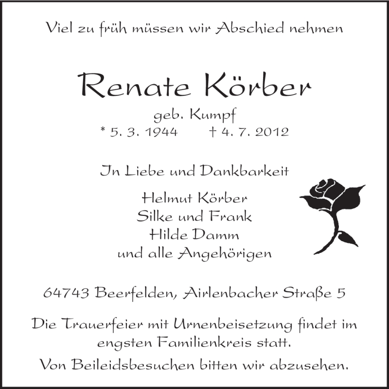  Traueranzeige für Renate Körber vom 07.07.2012 aus Odenwälder Echo